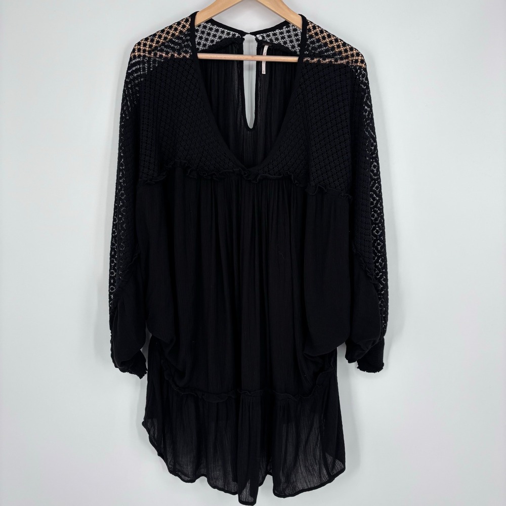 Free People Peasant Trapeze Slip Mini Dress Womens S Black Crochet Boho Gauze